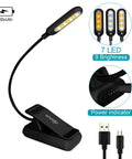 Front view of VAVO clip-on rechargeable reading light with 7 LEDs, black, flexible neck