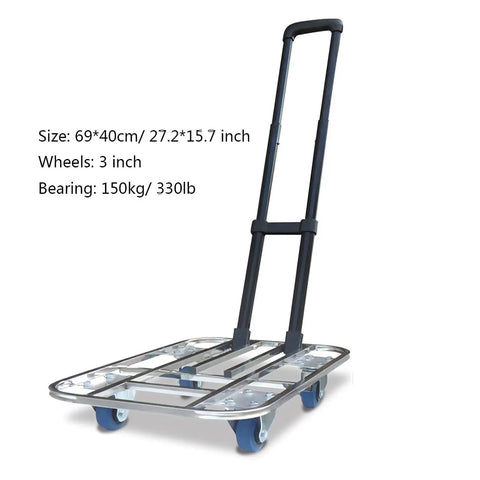 Heavy Duty Flatbed Cart Folding Hand Truck With Stainless Steel Tubing Telescopic Lever Wide Deck Platform 60x40 Size 3 Inch Wheel System Durable Construction For Worksite Or Warehouse Moving Heavy Loads, 69x40cm deck
