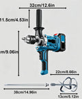 Cordless Drill And Cement Mixer With Two Speed Control And Rotatable Grip, Heavy Duty Power Tool dimensions and parts image.