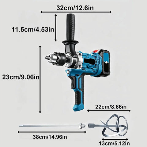 Cordless Drill And Cement Mixer With Two Speed Control And Rotatable Grip, Heavy Duty Power Tool dimensions and parts image.
