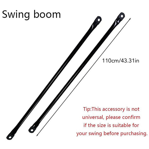 Heavy Duty Garden Swing Replacement Arms Two Pack Round Black Metal Hanging Rods For Swing Set Crossbar Load Bearing Support Easy Secure Connection To Swing Seat And Springs Durable Outdoor Patio Hardware shown with dimensions and installation tip.