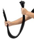 Hands holding 25 black 48 Inch Heavy Duty Zip Ties 200 Lbs Ultra Strong Plastic Cable Ties 9mm Wide for Indoor and Outdoor Use