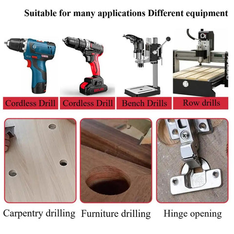Top Shelf Heavy Duty 5 Piece Cemented Carbide Forstner Drill Bit Set With Adjustable Depth Stopper for various drill applications.