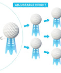 Adjustable height feature of Indoor Golf Tees 18 Pack For Simulator And Practice Mats, shown with high and short blue plastic tees.