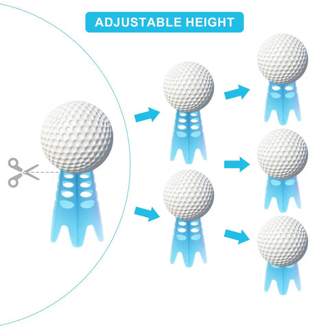 Adjustable height feature of Indoor Golf Tees 18 Pack For Simulator And Practice Mats, shown with high and short blue plastic tees.