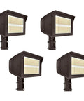 Top Shelf Outdoor LED Flood Lights 200W To 300W Adjustable Wattage four pack shown from multiple angles with sturdy mounting brackets.