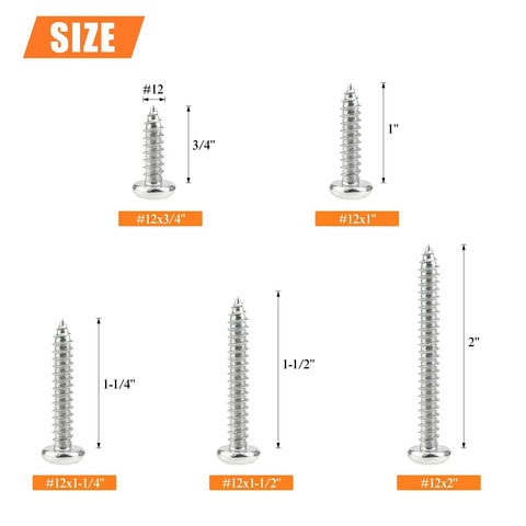 Top Shelf Size 12 Phillips Pan Head Wood Screws, Heavy Duty 304 Stainless Self Tapping Assortment Kit sizes displayed.