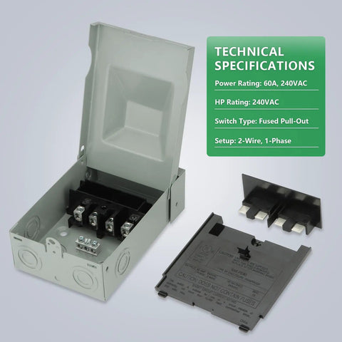 Field Ready 60A AC Disconnect Box With Non Fused Pull Out Switch For Outdoor Condensers Heat Pumps Ev Chargers And Hvac Guys Providing Dead Simple Power Shutoff So You Save Skin On Every Call with open lid and specifications.