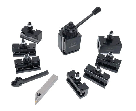 BXA Wedge Type Quick Change Tool Post Set for Lathe, 10 to 15 Inch Swing, 10 Piece Kit with various tool holders