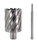 Front view: Oscarbide annular cutter, 1-7/8 in dia, 2 in DOC; Weldon 3/4 in shank; two-flat mag drill bit with pilot pin