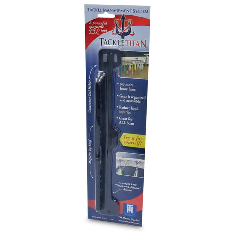 Magnetic Fishing Lure And Tool Organizer With Patented Design in packaging, showing black compact gear storage with heavy duty neodymium magnets.