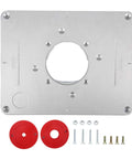 Premium Aluminum Alloy Router Table Insert Plate With Center Alignment Bushing And Installation Screws For DIY Woodworking Engraving Machine Tools Easy Install Plus Killer Precision Fit, silver plate with red bushings.