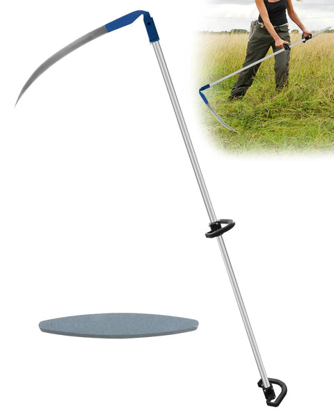 Standing view of 27 Inch Scythe For Grass Cutting With Sharpening Stone Heavy Duty Steel Blade And 62 Inch Adjustable Handle