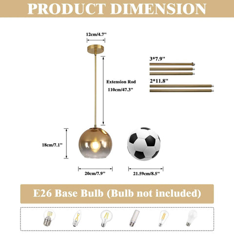 Gradient Gold Glass Pendant Light For Kitchen Island with dimensions, extension rods, and E26 base bulb info displayed.