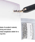 Durable Eyeglasses Hinge Screws Kit For Quick Fixes, close-up of eyeglass hinge with metal repair pins, bag of screws displayed