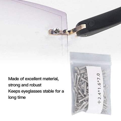 Durable Eyeglasses Hinge Screws Kit For Quick Fixes, close-up of eyeglass hinge with metal repair pins, bag of screws displayed