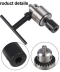 Mini Lathe Drill Chuck Set With 0.3 To 4mm Capacity And Pro Grade 4mm 5mm 6mm 8mm Sleeve, Key Type PCB Drilling Machine Chuck For Models And DIY Projects, Includes Wrench And Connecting Rod Sleeve, showing top view and side view details