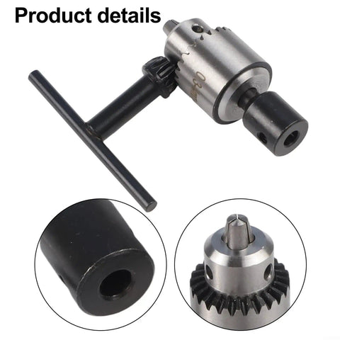 Mini Lathe Drill Chuck Set With 0.3 To 4mm Capacity And Pro Grade 4mm 5mm 6mm 8mm Sleeve, Key Type PCB Drilling Machine Chuck For Models And DIY Projects, Includes Wrench And Connecting Rod Sleeve, showing top view and side view details