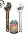 OXY-GONE rust remover bottle between a rusty wrench and a polished wrench; Quality Chemical seal visible.