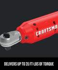 Close-up of 3/8 Inch Drive Cordless Ratchet Wrench Kit with 300 RPM and up to 35 Ft-Lbs Torque, ergonomic red handle with branding.