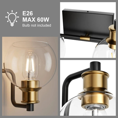 Two Light Vintage Bathroom Vanity Lighting Fixture Over Mirror Black And Gold Industrial Vanity Light With Globe Clear Glass Farmhouse Wall Sconces Bulb Not Included