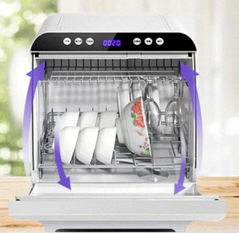 Hassle Free Countertop Dishwasher Plug And Play Installation Free Automatic Mini Washer Dryer Killer Sanitization Spacious Storage showing dishes in dual spin wands.