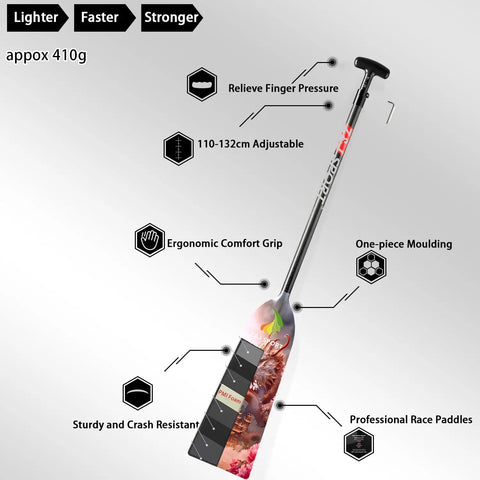 Adjustable Carbon Fiber Dragon Boat Paddle With Dragon Graphic IDBF Approved For Dragon Boat Racing T Handle Adjustable Length Lightweight High Strength Shaft For Fast Smooth Strokes Durable Performance In Tough Water LON12 showing features including ergonomic grip and adjustability.