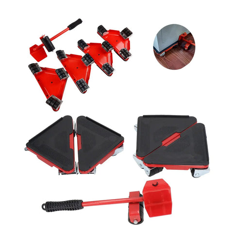 Heavy Duty Furniture Lifter And Slider Set With 360 Swivel Wheels, No Sweat Appliance Moving Aid Up To 660 Pounds, Red five piece kit on hardwood.
