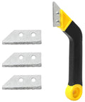 Grout Removal Tool Kit With Angled Saw Blade And 3 Extra Replacement Blades in bright yellow, showing both tool and blades.