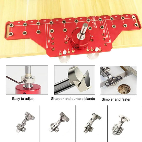 No Fuss 2 In 1 Shelf Pin And Hinge Jig With 35mm Hole Drill Bits, red metal tool for cabinet door hinge hole positioning