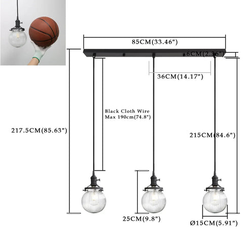 Dimensions of Three Light Linear Pendant Island Lighting With 5.9 Inch Globe Striped Glass Shades, adjustable height design.