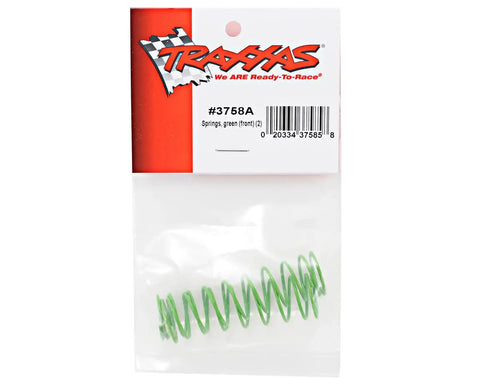 Packaged Green Front Shock Springs Pair For RC Cars And Monster Jam Style Rigs with labeling visible