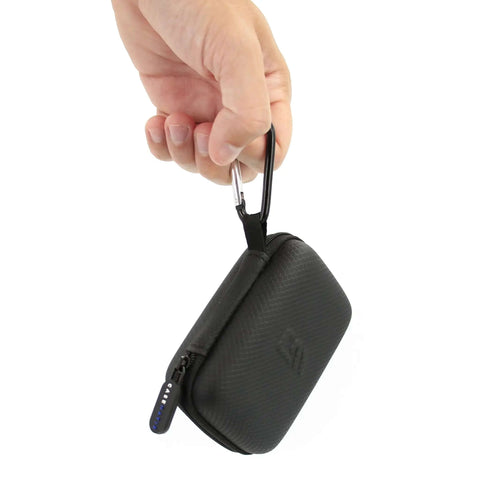 Hand holding Kickass Rugged Hard Shell Carry Case For Two Auvi Q And EpiPen Injectors with carabiner clip, black