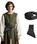 Person wearing medieval sword belt frog holster for Viking swords with lightweight scabbard sheath and black belt scabbard for knightly gear.