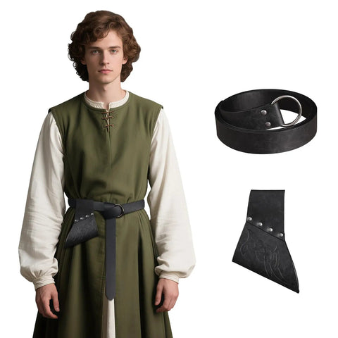 Person wearing medieval sword belt frog holster for Viking swords with lightweight scabbard sheath and black belt scabbard for knightly gear.
