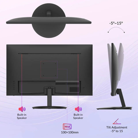 Back and side view of 24 Inch FHD Office Monitor With 100Hz Refresh Rate And 1ms Response Time, AMD FreeSync, frameless design, built-in speakers