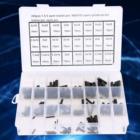 Elastic Cylindrical Pin Set 240 Pieces Carbon Steel Hollow Positioning Pins in assorted sizes organized in a plastic box