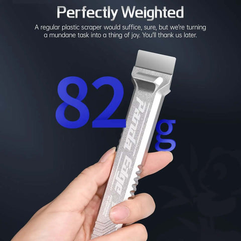 Hand holding Panda Edge All Metal 3D Printer Scraper Kit with SK5 blade, CNC machined 6061 aluminum handle, 82g weight displayed