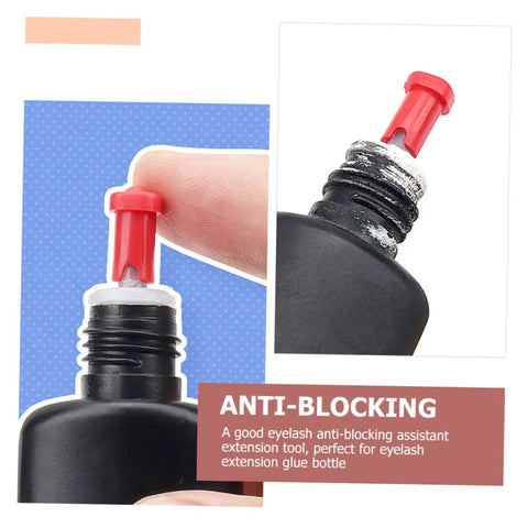 100 Pack Precision Eyelash Glue Bottle Nozzle Pins Anti Clog Plastic Tips Fits Standard Cosmetic Bottles, red tip being inserted.