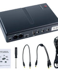 Compact DC UPS Uninterruptible Power Supply For Router Modem IP Camera And POE Devices Keeps Your Internet Up During Power Outages With 5V 9V 12V And 24V Multi Voltage Output Battery Not Included, showing device ports and cables.