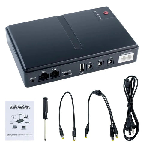 Compact DC UPS Uninterruptible Power Supply For Router Modem IP Camera And POE Devices Keeps Your Internet Up During Power Outages With 5V 9V 12V And 24V Multi Voltage Output Battery Not Included, showing device ports and cables.