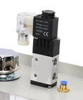 Close-up of the automatic solenoid valve for the Heavy Duty 3 Liter Coolant Spray Gun With Flexible Shaft And Automatic Solenoid Valve Lubrication System Crafted For Cnc Lathes Milling Machines To Crush Shop Downtime No Sweat Ever.