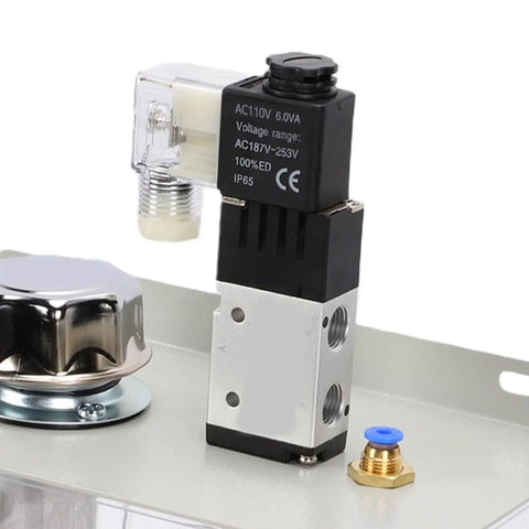 Close-up of the automatic solenoid valve for the Heavy Duty 3 Liter Coolant Spray Gun With Flexible Shaft And Automatic Solenoid Valve Lubrication System Crafted For Cnc Lathes Milling Machines To Crush Shop Downtime No Sweat Ever.