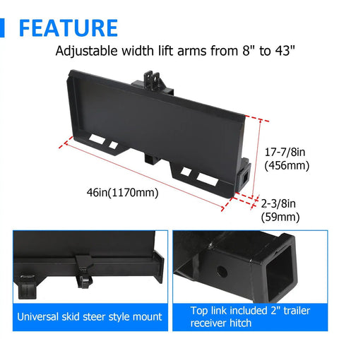 Heavy Duty 3 Point Hitch Adapter For Skid Steer Mount Plate with universal skid steer mount and adjustable lift arms.