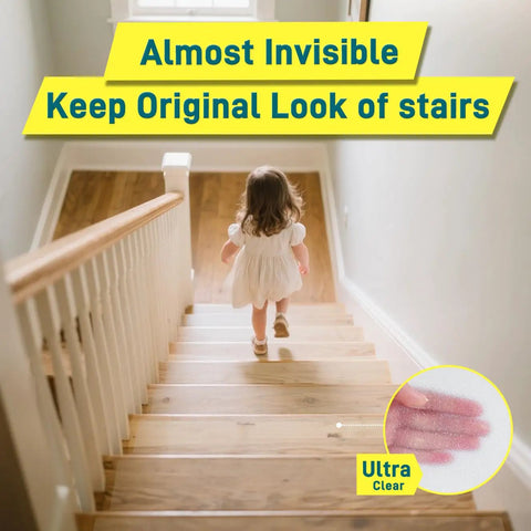 Clear Waterproof Anti Slip Tape 4 Inch By 35 Foot Non Slip Traction Grip on stairs with child stepping down safely.