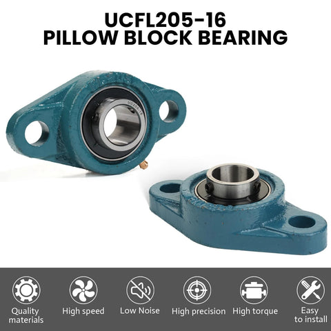 Two UCFL205-16 pillow block bearings with 1-inch bore, two-bolt flanges, set-screw locking in blue cast-iron housings
