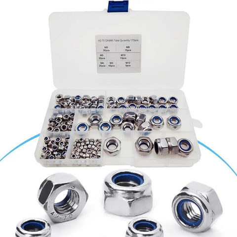 Badass 304 Stainless Steel Hex Lock Nuts Kit 170 Count Nylon Insert Fastener in organized case for various applications.