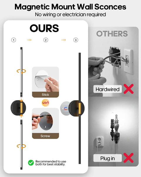 Comparison of magnetic mount wall sconces installation vs hardwired and plug-in options, showing no wiring hassle stick-on method.