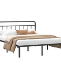 Rock Solid Full Size Bed Frame With Sleek Minimalist Headboard In Matte Black Modern Platform Setup with beige bedding.