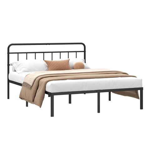 Rock Solid Full Size Bed Frame With Sleek Minimalist Headboard In Matte Black Modern Platform Setup with beige bedding.